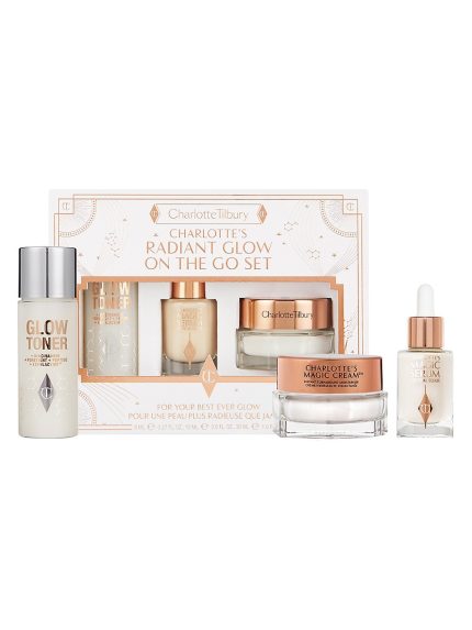 WHAT IT IS Charlotte Tilbury's immediate skin revival icons are now in a travel-sized set for a radiant glow on the go. Charlotte's acid-free toner is infused with pore-refining Niacinamide, Magic Cream is the magic dew of youth and luminosity in a jar, and Magic Serum is infused with Golden Vitamin C for a brighter-looking complexion. A $109 value. Made in Switzerland. THREE-PIECE SET INCLUDES Mini Charlotte's Magic Serum Crystal Elixir, 0.27 oz. Mini Glow Toner, 1 oz. Mini Charlotte's Magic Cream, 0.5 oz. HOW TO USE IT Magic Step 1: Swipe on NEW! Glow Toner using a cleansing pad or fingertips. Magic Step 2: Target with Serum. Massage a few drops of Charlotte's Magic Serum Crystal Elixir into the skin for a brighter, younger-looking complexion. Magic Step 3: Moisturize with Magic Massage Charlotte's Magic Cream moisturizer into the skin and finish with Charlotte's TILBURY TAP technique to boost circulation, for smoother, plumper-looking skin. Cosmetics - Charlotte Tilbury > Charlotte Tilbury > Saks Fifth Avenue > Barneys. Charlotte Tilbury.